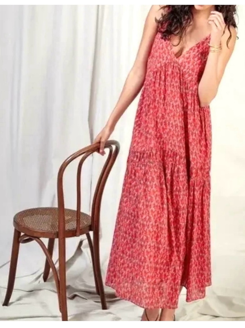 Joie Bondi Boho Coral-Red Printed V-Neck Maxi‎ Dress